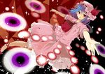  ascot blue_hair bow danmaku ear_piercing hat hat_bow mob_cap outstretched_arms piercing red_eyes remilia_scarlet solo tamagogayu1998 touhou 