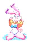  anthro babs_bunny blue_eyes bra breasts clothed clothing creamydonuts female half-dressed lagomorph mammal panties pose shirt shirt_lift simple_background sitting smile solo tiny_toon_adventures underwear warner_brothers 