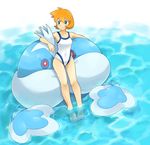  blue_eyes breasts brown_hair competition_swimsuit gen_5_pokemon gym_leader hari_(kureon) jellicent kasumi_(pokemon) legs medium_breasts one-piece_swimsuit orange_hair partially_submerged pokemon pokemon_(creature) pokemon_(game) pokemon_bw pokemon_hgss short_hair sitting smile soaking_feet swimsuit water 