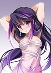  arms_behind_head bandages breasts earrings jewelry kohatsuka kurosaki_ruri long_hair midriff multicolored_hair navel nipples pink_eyes purple_hair small_breasts solo two-tone_hair yuu-gi-ou yuu-gi-ou_arc-v 