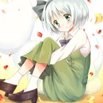  autumn bob_cut bow green_eyes hair_bow holding_legs konpaku_youmu konpaku_youmu_(ghost) petals short_hair silver_hair sitting solo stigma1101 touhou 