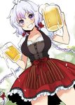  ahoge alcohol alternate_hairstyle beer beer_mug blush bow braid breasts cleavage commentary_request cowboy_shot cup dirndl dress german_clothes grin hair_bow holding holding_cup large_breasts long_hair oktoberfest plum_(arch) purple_eyes senki_zesshou_symphogear silver_hair smile solo twin_braids very_long_hair yukine_chris 