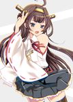  ahoge blue_eyes brown_hair double_bun hairband hanao_(kuma-tan_flash!) japanese_clothes kantai_collection kongou_(kantai_collection) long_hair nontraditional_miko open_mouth skirt smile solo thighhighs zettai_ryouiki 