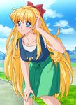  2015 aino_minako bent_over bishoujo_senshi_sailor_moon blonde_hair blue_eyes blue_sky bridge building cloud collarbone dated day grass hair_ribbon jewelry long_hair necklace outdoors ribbon shunkaku signature skirt sky smile solo very_long_hair watermark web_address 