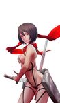  absurdres black_hair breasts covered_nipples heihei_de_hei_yan_long highres lips looking_at_viewer medium_breasts mikasa_ackerman muscle muscular_female red_eyes revealing_clothes scarf shingeki_no_kyojin short_hair simple_background slingshot_swimsuit solo swimsuit three-dimensional_maneuver_gear 