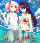  akemi_homura baisi_shaonian between_breasts bikini black_bikini black_hair black_hairband blue_sky blush breasts cloud collarbone crab day fish food food_between_breasts hair_ribbon hairband highres kaname_madoka large_breasts long_hair mahou_shoujo_madoka_magica micro_bikini multiple_girls open_mouth outdoors pink_eyes pink_hair polka_dot polka_dot_bikini polka_dot_swimsuit popsicle print_swimsuit purple_eyes ribbon side-tie_bikini sky smile swimsuit twintails underboob very_long_hair wading water white_swimsuit 