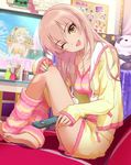  ;d alternate_hairstyle barefoot breasts cleavage controller corkboard crossed_legs eyelashes feet hair_down highres hood hoodie idolmaster idolmaster_cinderella_girls indoors jewelry jougasaki_mika jougasaki_rika jpeg_artifacts leg_warmers legs_folded lightning_bolt long_hair long_legs looking_at_viewer loungewear medium_breasts multicolored multicolored_nails multiple_girls nail_polish official_art one_eye_closed open_mouth pendant photo_(object) pink_hair remote_control resized room shorts siblings sisters sitting smile television toenail_polish tsurime upscaled waifu2x yellow_eyes 