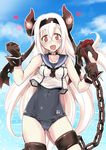  :d air_defense_hime anchor bad_id bad_pixiv_id bare_shoulders black_gloves blood blush breasts chain cloud collar cosplay covered_navel crop_top day gloves hair_between_eyes hair_ornament hairband heart horns kantai_collection long_hair looking_at_viewer old_school_swimsuit onaya_masakazu one-piece_swimsuit open_mouth red_eyes ro-500_(kantai_collection) ro-500_(kantai_collection)_(cosplay) sailor_collar school_swimsuit school_uniform serafuku shinkaisei-kan small_breasts smile solo swimsuit swimsuit_under_clothes very_long_hair water white_hair white_skin 