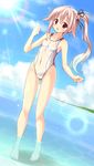  blue_hair blush breasts competition_swimsuit covered_nipples gradient_hair harusame_(kantai_collection) hizuki_aki kantai_collection multicolored_hair nipples one-piece_swimsuit open_mouth red_eyes see-through side_ponytail silver_hair small_breasts solo swimsuit wading water 