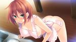  ane_yome_concerto apron bent_over blush breasts brown_hair game_cg green_eyes hanabishi_anzu hisasi large_breasts naked_apron short_hair sink smile solo white_apron wooden_floor 