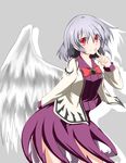  bow bowtie dress finger_to_mouth highres index_finger_raised jacket kishin_sagume long_sleeves open_clothes purple_dress red_eyes sena_kizahashi shirt short_hair silver_hair single_wing smile solo touhou wings 