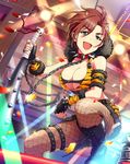  animal_print belt bracelet breasts brown_hair chain choker cleavage club collar fingerless_gloves gloves green_eyes highres horns idolmaster idolmaster_cinderella_girls jewelry jpeg_artifacts kiba_manami large_breasts looking_at_viewer oni open_mouth resized short_hair solo spiked_bracelet spiked_club spiked_collar spikes tiger_print upscaled waifu2x weapon 