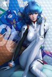  adjusting_hair against_wall arm_support ayanami_rei bangs blue_hair bodysuit bracer breasts eva_00 gloves hair_between_eyes hair_ornament hexagon highres honeycomb_(pattern) honeycomb_background knee_up lips looking_at_viewer mecha medium_breasts neon_genesis_evangelion nerv number pilot_suit plugsuit realistic red_eyes short_hair signature sitting solo stanley_lau turtleneck white_bodysuit 