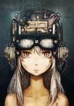  cyberpunk face goggles goggles_on_head helmet looking_at_viewer orange_eyes silver_hair solo toi_(number8) yellow_eyes 