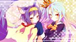  animal_ear_fluff animal_ears crown fox_ears fox_tail gradient_hair hairband hatsuse_izuna long_hair looking_at_viewer multicolored_hair multiple_girls no_game_no_life purple_hair shiro_(no_game_no_life) short_hair tail tsukasa_kinako yellow_eyes 