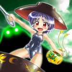  blush holding_needle needle one-piece_swimsuit open_mouth purple_hair red_eyes school_swimsuit shiny shiny_clothes smile solo sukuna_shinmyoumaru swimsuit touhou winn 