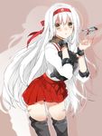  aircraft airplane blush brown_eyes chestnut_mouth gloves hair_ribbon hairband hand_on_own_shoulder kantai_collection long_hair muneate partly_fingerless_gloves red_ribbon ribbon shoukaku_(kantai_collection) silver_hair single_glove sino_(sionori) skirt solo thighhighs very_long_hair yugake 