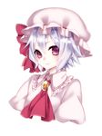  ascot bad_id bad_pixiv_id bow brooch hat hat_bow jewelry lavender_hair mob_cap red_eyes remilia_scarlet short_hair solo touhou upper_body white_background yutazou 