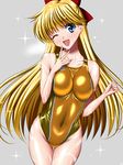  ;d aino_minako arena_(company) bare_shoulders bishoujo_senshi_sailor_moon blonde_hair blue_eyes blush bow breasts collarbone competition_swimsuit covered_navel earrings finger_to_face grey_background groin hair_bow highleg highleg_swimsuit jewelry long_hair medium_breasts one-piece_swimsuit one_eye_closed open_mouth sen_(sansui) shiny shiny_clothes shiny_hair simple_background smile solo sparkle swimsuit v wet 