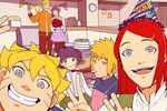  3girls apron bad_id bad_pixiv_id banner black_hair blonde_hair blue_eyes bouquet cake clock couch couple double_v facial_mark family flower food hat hyuuga_hinata jacket kotori_photobomb multiple_boys multiple_girls naki_(naki_24) namikaze_minato naruto naruto_(series) party_hat party_horn red_hair rose smile spiked_hair uzumaki_boruto uzumaki_himawari uzumaki_kushina uzumaki_naruto v 