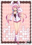  :3 :d animal_backpack animal_ears animal_hood argyle argyle_background bad_id bad_pixiv_id bangs blush border bow breasts bunny_ears bunny_hood cleavage copyright_name crossed_legs dice fang full_body green_eyes hood hooded_jacket jacket lace_border leg_warmers long_hair long_sleeves looking_at_viewer medium_breasts one_eye_closed open_mouth pink_background pink_footwear pink_hair polka_dot pom_pom_(clothes) red_bow scrunchie shoes smile solo standing stuffed_animal stuffed_bunny stuffed_toy twintails unleashed yuruto 