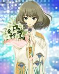  artist_request blue_eyes bouquet brown_hair flower green_eyes heterochromia highres idolmaster idolmaster_cinderella_girls japanese_clothes kimono microphone mole mole_under_eye official_art resized short_hair smile solo sparkle takagaki_kaede upscaled waifu2x 