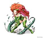  1girl batman_(series) breasts cleavage dc_comics full_body leaf leaf_bikini official_art one_eye_closed poison_ivy puzzle_&amp;_dragons red_hair solo thighhighs vines 