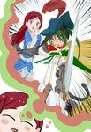  :d animal_ears aqua_eyes blush cape cat_ears cat_tail closed_eyes emphasis_lines fang feathers francesca_lucchini green_hair hat hat_feather heart holding holding_sword holding_weapon homare_(homaredai) imagining long_hair long_sleeves maria_pier_di_romagna multiple_girls open_mouth panties purple_eyes red_hair smile strike_witches striped striped_panties sword tail thought_bubble twintails underwear v-shaped_eyebrows weapon world_witches_series 
