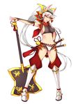  axe battle_axe bell breasts dean greaves groin hand_on_hip highres horns long_hair medium_breasts navel open_mouth original ponytail shiny shiny_skin short_shorts shorts sideboob silver_hair solo sword very_long_hair weapon white_background yellow_eyes 