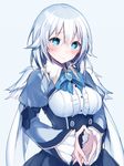  :o blue_eyes blush bow bowtie breasts commentary_request dress hair_between_eyes heart heart-shaped_pupils hijiri_(resetter) large_breasts long_hair long_sleeves silver_hair solo sweat symbol-shaped_pupils tareme underbust wings 