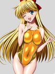  ;d aino_minako arena_(company) bare_shoulders bishoujo_senshi_sailor_moon blonde_hair blue_eyes blush bow breasts collarbone competition_swimsuit covered_navel earrings finger_to_face grey_background groin hair_bow highleg highleg_swimsuit jewelry long_hair medium_breasts one-piece_swimsuit one_eye_closed open_mouth sen_(sansui) shiny shiny_clothes shiny_hair simple_background smile solo swimsuit v 