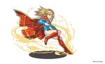  1girl aura blonde_hair boots cape dc_comics full_body knee_boots kryptonian leotard official_art puzzle_&amp;_dragons solo supergirl superman_(series) 