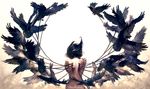  animal bird black_hair blood chain commentary corset_piercing crow flock from_behind long_hair nude original pain poem scratches self_hug solo symbolism watermark web_address wenqing_yan 