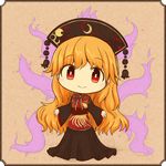  akihiyo animal_print black_dress blonde_hair brown_background chibi chinese_clothes dress energy fox_tail frame hat head_tilt highres junko_(touhou) long_hair long_sleeves looking_at_viewer multiple_tails open_hands red_eyes ribbon sash simple_background smile solo tabard tail touhou very_long_hair 