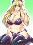  1girl atago_(kantai_collection) blonde_hair blush bra breasts cleavage easily green_eyes hat huge_breasts kantai_collection long_hair navel panties plump sherry-08746741-gb sitting smile solo thighhighs underwear 