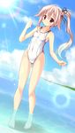  blue_hair competition_swimsuit gradient_hair harusame_(kantai_collection) hizuki_aki kantai_collection multicolored_hair one-piece_swimsuit red_eyes side_ponytail silver_hair solo swimsuit wading water 