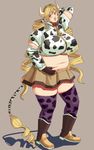  1girl bell belly blonde_hair breasts collar cow_girl cow_tail drill_hair fat horns huge_breasts mahou_shoujo_madoka_magica navel nose_ring piercing sakumatyann solo tail tomoe_mami twin_drills yellow_eyes 