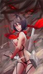  absurdres animal_ears black_hair breasts covered_nipples eren_yeager heihei_de_hei_yan_long highres kemonomimi_mode lips looking_at_viewer medium_breasts mikasa_ackerman muscle red_eyes revealing_clothes scarf shingeki_no_kyojin short_hair slingshot_swimsuit solo swimsuit three-dimensional_maneuver_gear 
