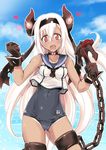  :d air_defense_hime anchor bad_id bad_pixiv_id bare_shoulders black_gloves blood blush breasts chain cloud collar cosplay covered_navel crop_top day gloves hair_between_eyes hair_ornament hairband heart horns kantai_collection long_hair looking_at_viewer old_school_swimsuit onaya_masakazu one-piece_swimsuit one-piece_tan open_mouth red_eyes ro-500_(kantai_collection) ro-500_(kantai_collection)_(cosplay) sailor_collar school_swimsuit school_uniform shinkaisei-kan sky small_breasts smile solo sweat swimsuit swimsuit_under_clothes tan tanline very_long_hair water white_hair 