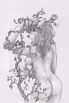  anthro breasts butt canine claws ear_piercing entangled female flower hair jewelry leaves long_hair maheylah_(artist) mammal monochrome nipples nude piercing plant rose simple_background solo thorns video_games vines warcraft were werewolf white_background wolf worgen world_of_warcraft 