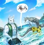  6graycloudp abs arthropod biceps canine clothing crab crustacean duo male mammal marine muscular necklace pecs swimming toes wolf wounded 