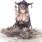  aos bandaged_arm bandages black_hair breasts cleavage collarbone danua draph dress granblue_fantasy horn_ornament horns jewelry large_breasts long_hair necklace parted_lips pointy_ears red_eyes sitting solo wariza white_dress 