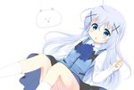  1girl :o blue_eyes blush bow commentary_request dress_shirt gochuumon_wa_usagi_desu_ka? hair_ornament hairclip haruki_(colorful_macaron) kafuu_chino long_hair rabbit_house_uniform shirt silver_hair skirt socks solo tippy_(gochiusa) very_long_hair vest white_legwear x_hair_ornament 