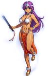  anklet armband bikini_top bracelet breasts choker circlet dark_skin dragon_quest earrings fan full_body hair_ornament hand_on_hip highres holding jewelry large_breasts leg_lift loincloth long_hair looking_at_viewer manya navel pelvic_curtain purple_hair red_eyes revealing_clothes sandals sideboob simple_background smile solo thigh_strap thighs uchiu_kazuma white_background 
