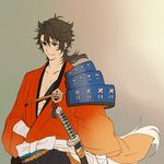  armor brown_hair japanese_armor japanese_clothes katana male_focus mutsu-no-kami_yoshiyuki sarashi shoulder_armor smile sode solo sword touken_ranbu upper_body weapon yamazaki_mitsuko yellow_eyes 