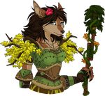  anthro armor branches canine claws clothed clothing female flower hair leaves long_hair looking_at_viewer maheylah_(artist) mammal melee_weapon plant rose smile solo staff teeth video_games vines warcraft weapon were werewolf wolf worgen world_of_warcraft 