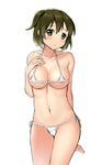  bad_id bad_pixiv_id bikini blush breasts brown_eyes brown_hair cnm hiryuu_(kantai_collection) kantai_collection large_breasts micro_bikini navel one_side_up short_hair side-tie_bikini solo swimsuit underboob white_background white_bikini 