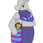  2015 ambiguous_gender breasts brown_hair caprine clothing duo fangs female fur goat hair horn hug human larger_female long_ears mammal monster mother mother_and_child parent protagonist_(undertale) red_eyes robe size_difference smile toriel undertale voluptuous white_fur wide_hips yellow_skin 