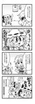  2girls 4koma :3 :d ? bat_wings bow brooch chibi comic commentary detached_wings greyscale hat hat_bow izayoi_sakuya jewelry maid_headdress mob_cap monochrome multiple_girls noai_nioshi open_mouth patch puffy_short_sleeves puffy_sleeves remilia_scarlet short_sleeves smile sweat touhou translated wings |_| 