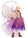  boots bow breasts brooch brown_jacket dress ears full_body highres jacket jewelry kishin_sagume kneehighs lips looking_to_the_side purple_dress short_hair single_wing small_breasts solo touhou white_background white_legwear white_wings wings yuren 